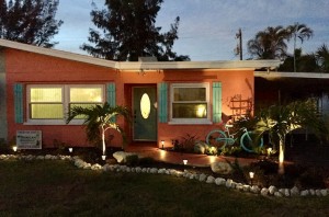 Solar-powered landscaping lighting greets you at night